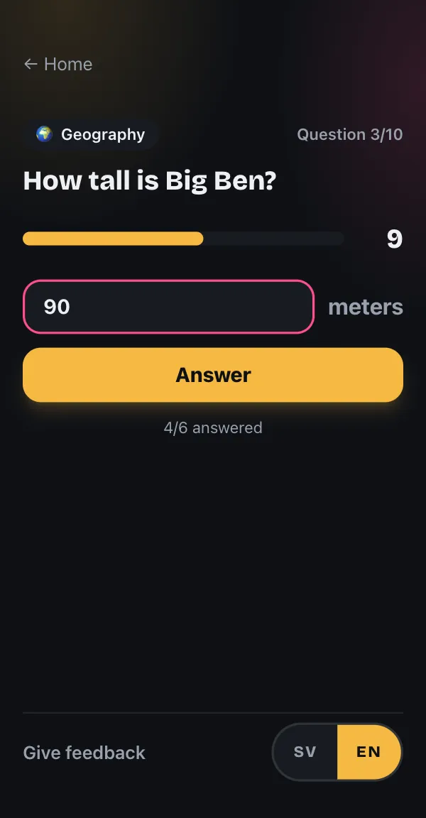 A question on a phone with a countdown and a guess typed in