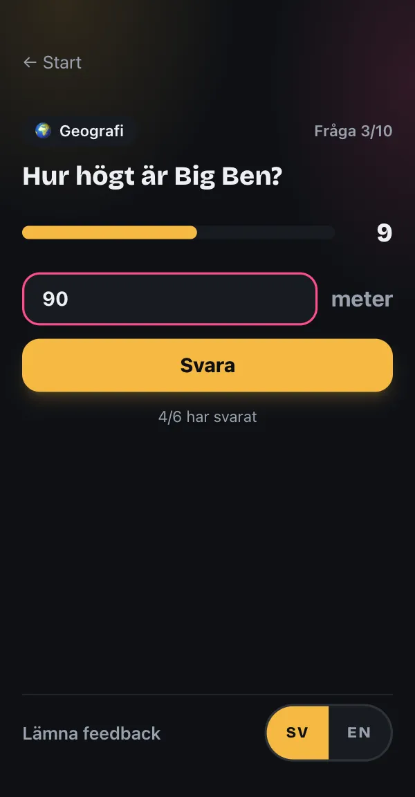 En fråga i mobilen med nedräkning och en gissning inskriven